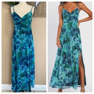 NWOT Lulus Beautiful Soul Teal Green Floral Print Twist-Front Maxi Dress